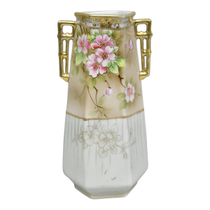 Antique Nippon Twin Handled Pink Hand Painted Porcelain Hexagon Gold Rimmed Vase