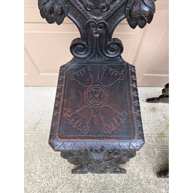 Brown Antique 19th Century Italian Renaissance Carved Walnut Hall Chairs, Pair For Sale - Image 8 of 14