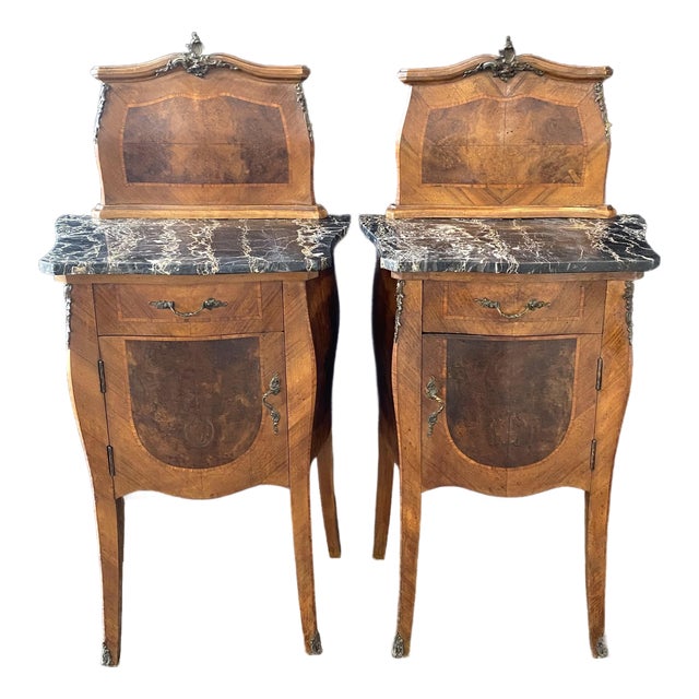 Antique French Louis XV Marble Top Nightstands -a Pair For Sale
