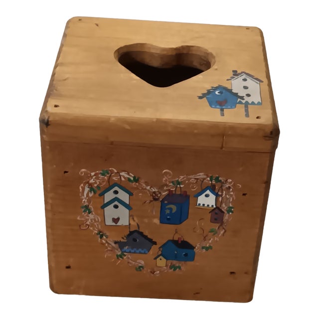 Mid 20th Century Natural Hardwood Square Painted Tissue Box Cover For Sale
