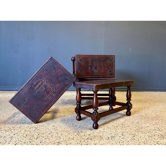 Antique Tooled Leather Top Stools / Tables For Sale - Image 9 of 17