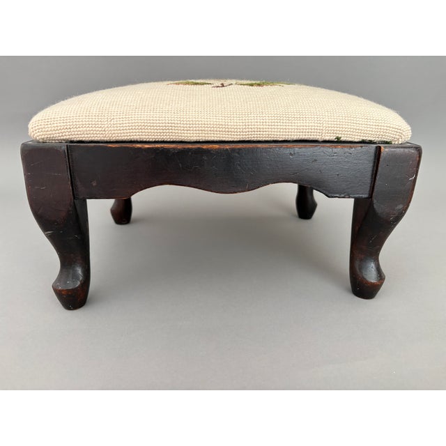 Queen Anne Vintage Queen Anne Walnut Footstool With Needlepoint Tapestry Magnolia Flower Design For Sale - Image 3 of 7