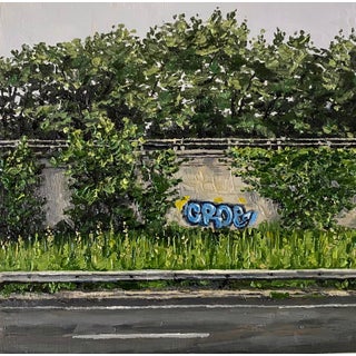 South Shore Line by Stephanie Buer | Oil on Panel Landscape with graffiti and greenery. For Sale