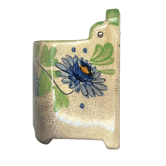 Mid 20th Century Vintage Floral Ceramic Hanging Wall Salt Cellar in Blue Green and Cream - Japan For Sale - Image 5 of 5