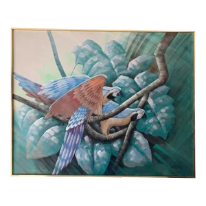 Tropical Birds With Landscape Painting by Lee Reynolds, Framed
