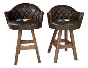 Rare Pair of 1960s-70s Brothers Furniture Brown Swivel Whiskey Barrel Bar Chairs With Multicolor Harlequin Seat Pattern Made in Kentucky, Usa