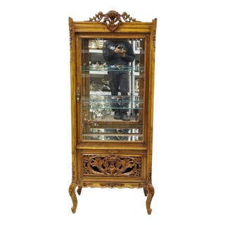 Vintage French Baroque Style Carved Wood & Glass Curio China Display Cabinet For Sale