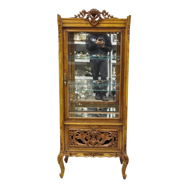 Vintage French Baroque Style Carved Wood & Glass Curio China Display Cabinet For Sale