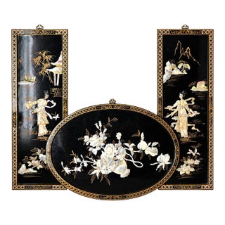 Late 20th Century Chinoiserie Black Lacquer & Mother-of-Pearl Relief Wall Panels — Set of 3 For Sale