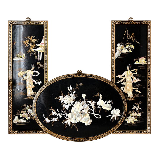 Late 20th Century Chinoiserie Black Lacquer & Mother-of-Pearl Relief Wall Panels — Set of 3 For Sale
