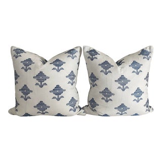 Schumacher Rubia Embroidery 18" Pillow in Blue, a Pair For Sale