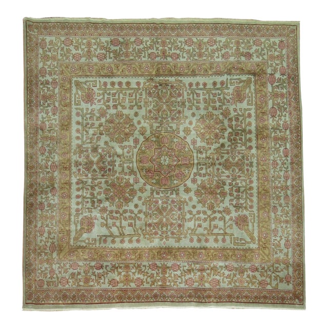 Square Botanical Floral Vintage East Turkestan Rug For Sale