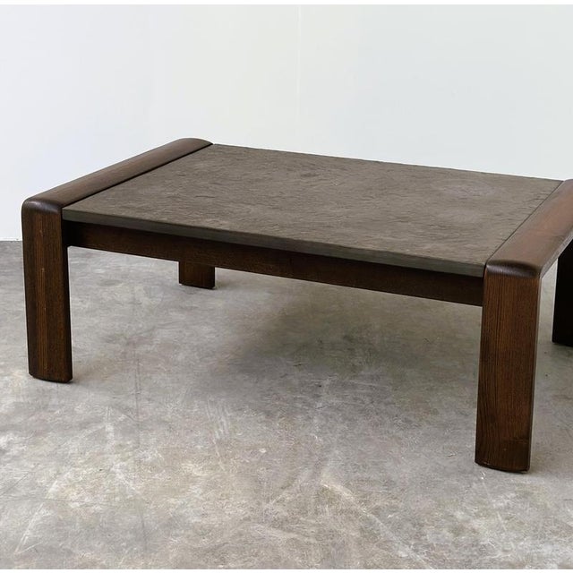 Gold Vintage Belgian Modern Brutalist Oak and Fossil Slate Coffee Table, 1970s For Sale - Image 8 of 16