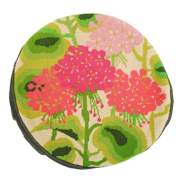 Mid 20th Century Needlepoint Round Pink Floral Tapestry For Sale