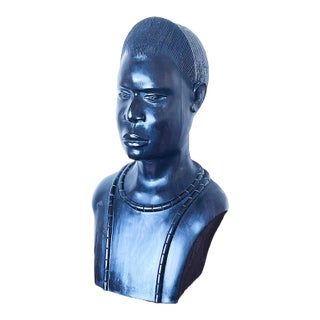 Early 20th Century Large Hand-Carved Bust of African Man in Ebony Wood For Sale