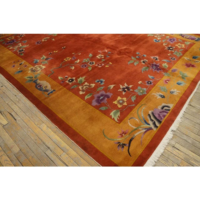 1920s Orange Pumpkin Floral Antique Chinese Art Deco Carpet 9' X 11' 6" Knotted Wool Rug For Sale - Image 10 of 12
