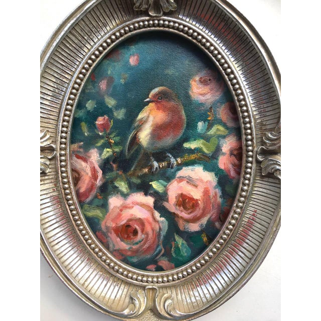 2020s Framed Original Painting Robin Bird Roses Oval Wall Decor by Artist Valeriya Serova For Sale - Image 5 of 9