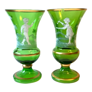 Antique Mary Gregory Green + Gold Vases Girl & Boy - Set of 2