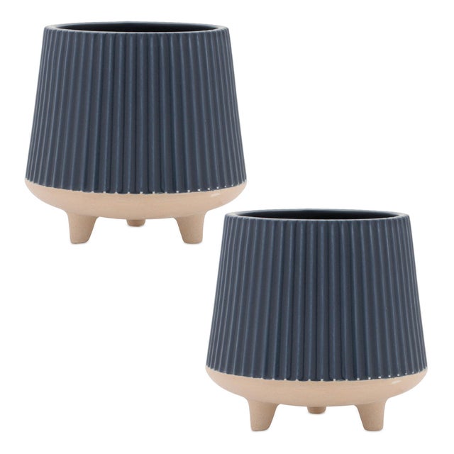 Contemporary Ceramic Ribbed Footed Planter (Set of 2) For Sale - Image 3 of 4