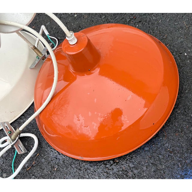 1980s Industrial Dome Orange Pendant Light Fixtures - A Pair For Sale - Image 9 of 18