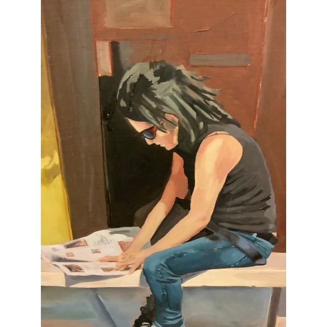 Realism Modern Realism Lady Reading Newspaper Painting on Board For Sale - Image 3 of 7