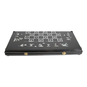 Antique Victorian Chinese Black Lacquered and Abalone Inlaid Games Box