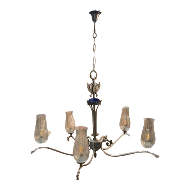 Neoclassical Five-Light Glass and Chromed Steel Chandelier by Kaiser Leuchten, 1950s For Sale