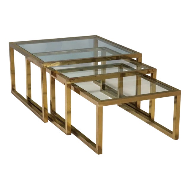 Glass and Brass Nesting Coffee Tables, 1960s-1970s, Set of 3 For Sale