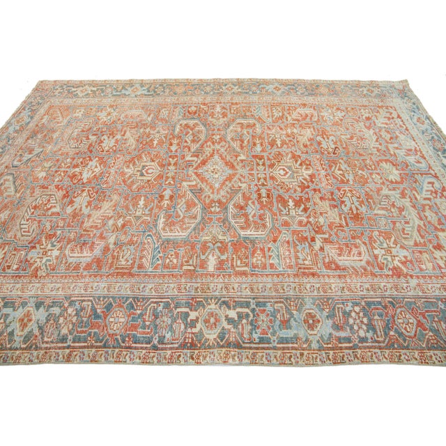 1920s Persian Antique Heriz Wool Rug With an Allover Design Featuring Rust Color Field For Sale - Image 5 of 9