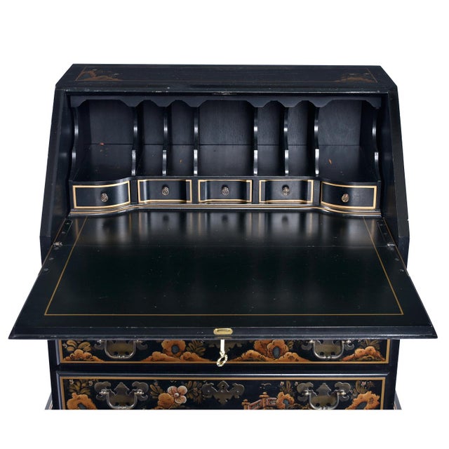 Martin Maddox Black Lacquer Hand Painted Asian Chinoiserie Black Lacquer Secretary Writing Desk For Sale - Image 4 of 13