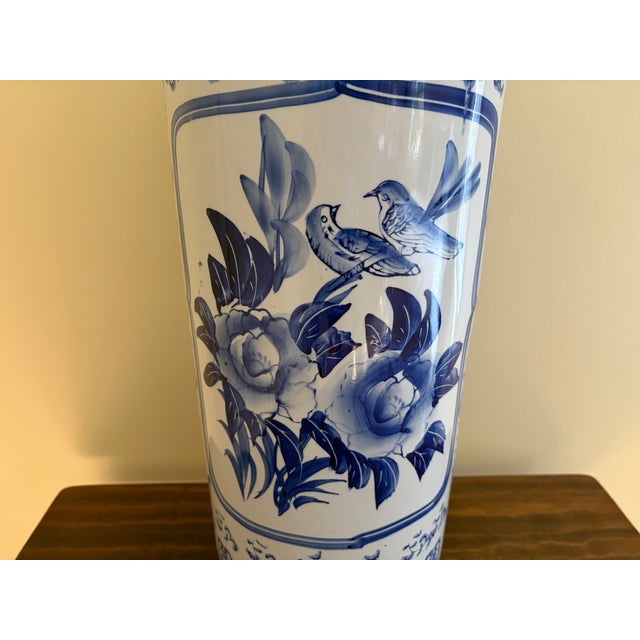 Blue Vintage Chinoiserie Blue and White Porcelain Umbrella Stand For Sale - Image 8 of 13
