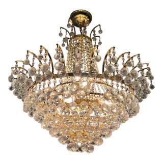 Vintage Hollywood Regency Gilt Metal & Faceted Crystal Basket Chandelier For Sale