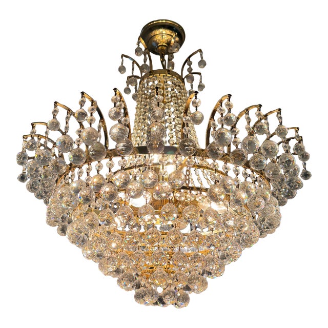 Vintage Hollywood Regency Gilt Metal & Faceted Crystal Basket Chandelier For Sale