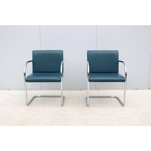 Blue Ludwig Mies Van Der Rohe Brno Tubular Chairs in Blue Leather by Gordon - A Pair For Sale - Image 8 of 18