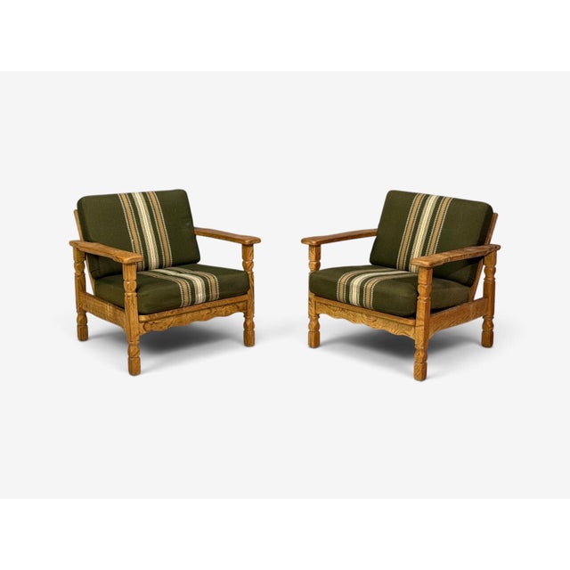Henning Kjaernulf Style, Lounge Chairs, Oak, Fabric, Denmark, 1970s For Sale - Image 4 of 13