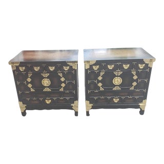 Elm and Brass Chinoiserie Bedside Tables Cabinets, a Pair For Sale