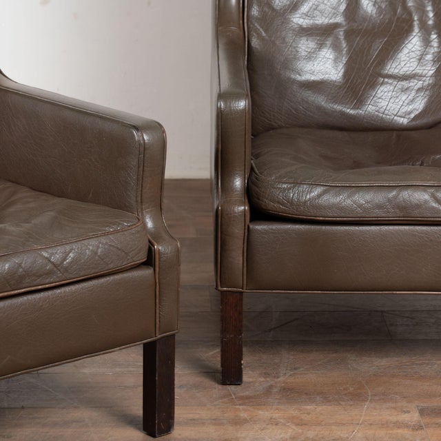 Pair of Mid Century Danish Brown Leather Wingback Club Chairs For Sale - Image 6 of 9