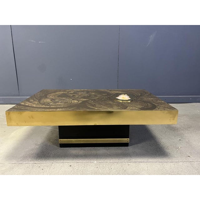 Hollywood Regency Etched Brass and Agate Coffee Table from Felix De Boussy, Belgium, 1980s For Sale - Image 3 of 15