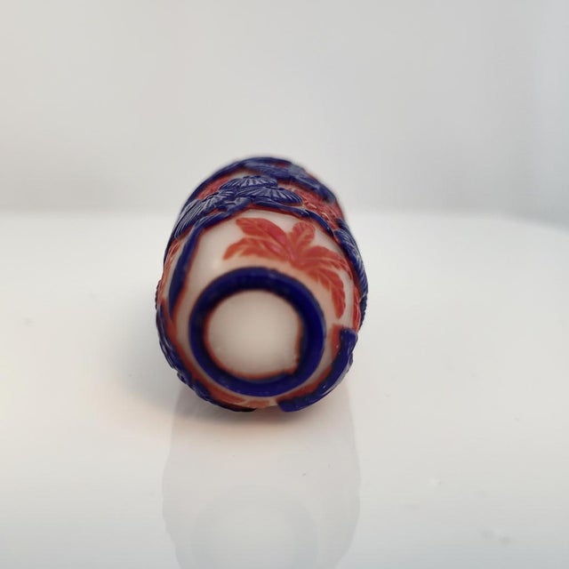 Chinese Animal & Bird Carved Overlay Red & Blue Peking Glass Snuff Bottle For Sale - Image 13 of 14