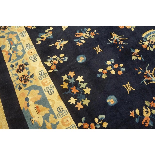 Textile 1920s Blue Navy Floral Classic Antique Chinese Peking Carpet 9'2'' X 11'8'' Knotted Wool Rug For Sale - Image 7 of 9