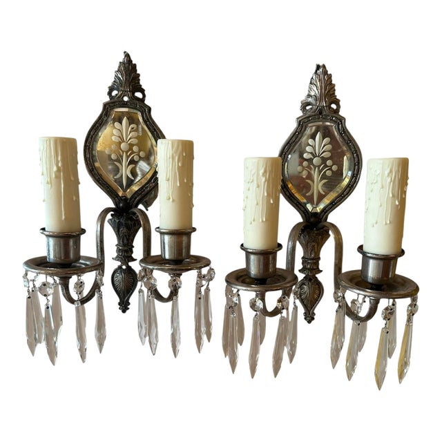 Pair of Beveled Mirrored Brass With Old Silver Plate and Crystal Double Sconces Circa 1910 For Sale