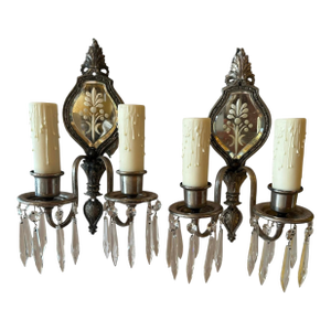 Pair of Beveled Mirrored Brass With Old Silver Plate and Crystal Double Sconces Circa 1910