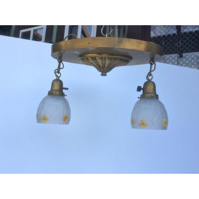 Brass Antique Brass Chandelier With Floral Decorated Pendant Shades For Sale - Image 8 of 9