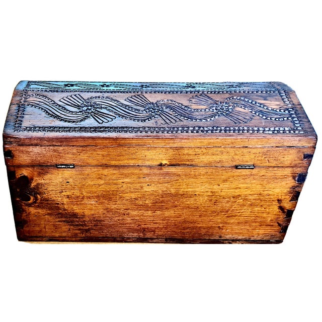 19th-Century Chip-Carved Folk Art Pine Chest For Sale - Image 4 of 5