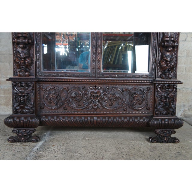 19th Century Monumental Antique Italian Renaissance Figural Mahogany Bookcase Curio Display Cabinet For Sale - Image 5 of 12