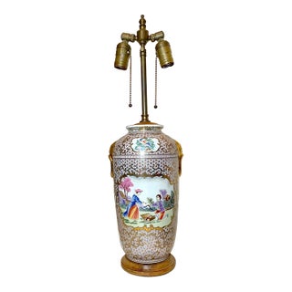 Antique Hand Painted Ornate Figural Porcelain Chinese Brass Electric Vase Lamp For Sale