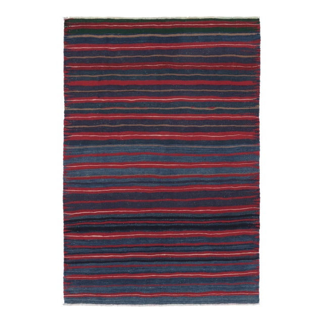 Rug & Kilim's Contemporary Rez Kilim With Navy and Red Striped Design For Sale