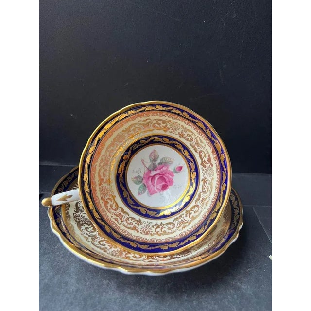 Gold 1950s Paragon Tea Cup & Saucer Cobalt Blue & Floral Gold Gilt Teacup Set, England- 2 Pieces For Sale - Image 8 of 13