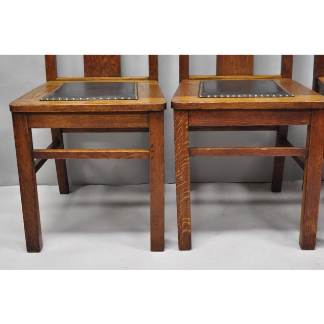 Antique Mission Oak Arts & Crafts T-Back Limbert Style Dining Chairs - Set of 4 For Sale - Image 10 of 18