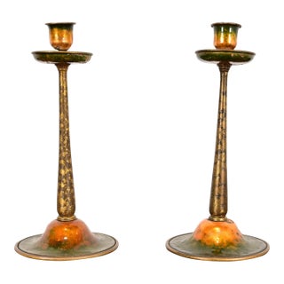 Louis Comfort Tiffany Furnaces Favrile Bronze and Enamel Candlesticks, Pair For Sale